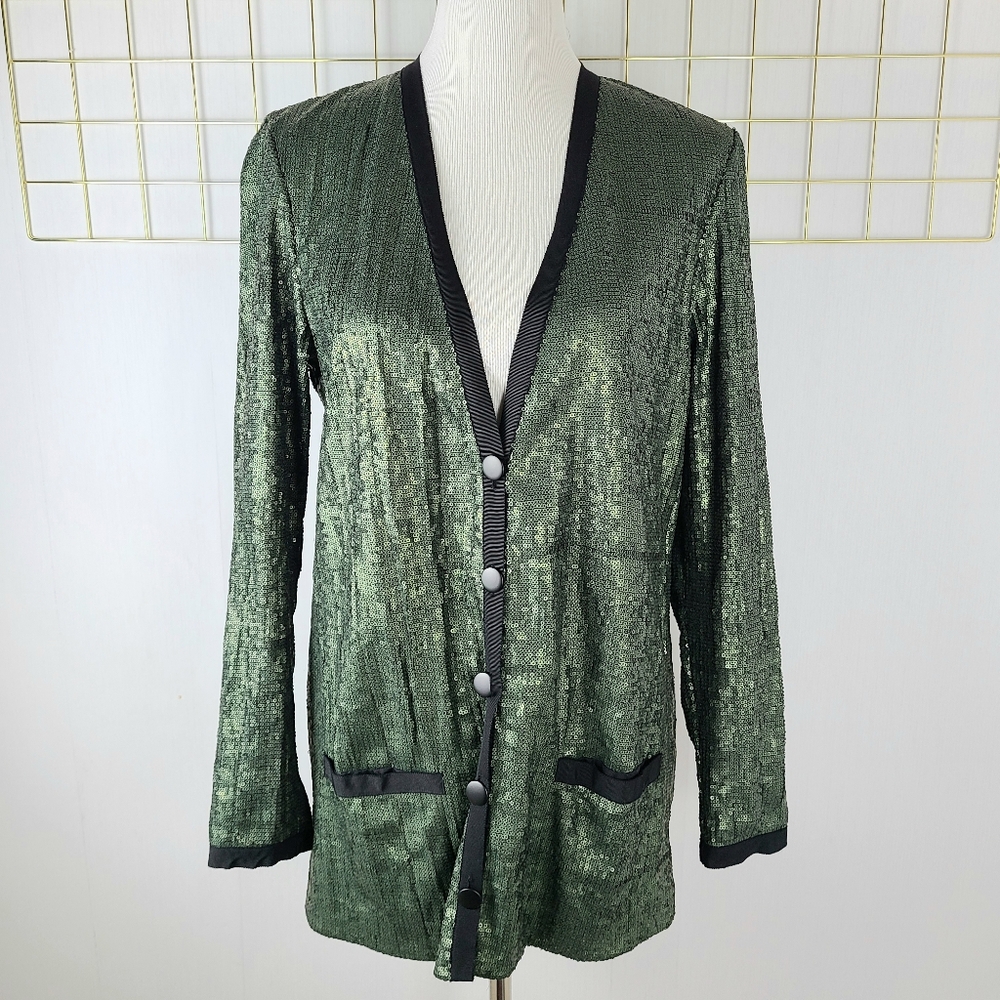 Robert Rodriguez Dark Green Sequin Longline Evening Cardigan Jacket